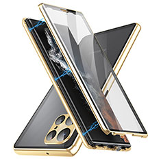 Funda Bumper Lujo Marco de Aluminio Espejo 360 Grados Carcasa LK2 para Samsung Galaxy S22 Ultra 5G Oro