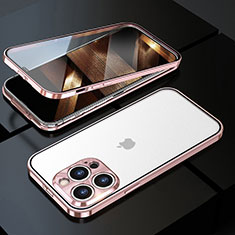Funda Bumper Lujo Marco de Aluminio Espejo 360 Grados Carcasa M01 para Apple iPhone 14 Pro Oro Rosa