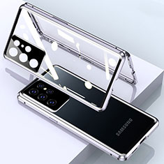 Funda Bumper Lujo Marco de Aluminio Espejo 360 Grados Carcasa M01 para Samsung Galaxy S21 Ultra 5G Plata