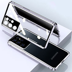 Funda Bumper Lujo Marco de Aluminio Espejo 360 Grados Carcasa M03 para Samsung Galaxy S21 Ultra 5G Plata