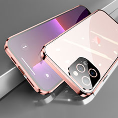 Funda Bumper Lujo Marco de Aluminio Espejo 360 Grados Carcasa M05 para Apple iPhone 13 Pro Oro Rosa