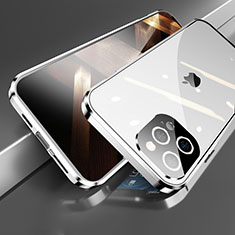 Funda Bumper Lujo Marco de Aluminio Espejo 360 Grados Carcasa M05 para Apple iPhone 14 Pro Plata