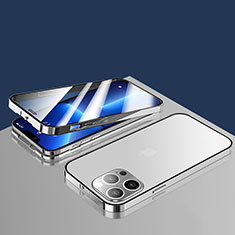 Funda Bumper Lujo Marco de Aluminio Espejo 360 Grados Carcasa M10 para Apple iPhone 13 Pro Max Plata