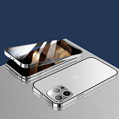 Funda Bumper Lujo Marco de Aluminio Espejo 360 Grados Carcasa M10 para Apple iPhone 15 Pro Max Plata