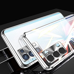 Funda Bumper Lujo Marco de Aluminio Espejo 360 Grados Carcasa P01 para Oppo Reno6 Pro+ Plus 5G Plata