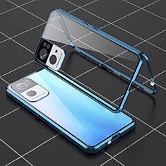 Funda Bumper Lujo Marco de Aluminio Espejo 360 Grados Carcasa P02 para Oppo Reno7 Pro 5G Azul