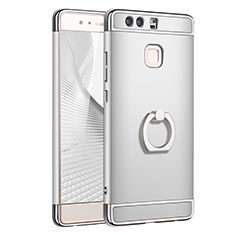 Funda Bumper Lujo Marco de Metal y Plastico Carcasa con Anillo de dedo Soporte A01 para Huawei P9 Plata