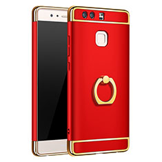Funda Bumper Lujo Marco de Metal y Plastico Carcasa con Anillo de dedo Soporte A01 para Huawei P9 Plus Rojo