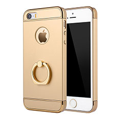 Funda Bumper Lujo Marco de Metal y Plastico Carcasa con Anillo de dedo Soporte A02 para Apple iPhone 5 Oro