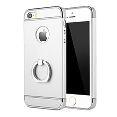 Funda Bumper Lujo Marco de Metal y Plastico Carcasa con Anillo de dedo Soporte A02 para Apple iPhone 5S Plata