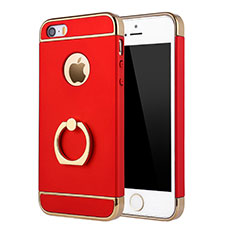 Funda Bumper Lujo Marco de Metal y Plastico Carcasa con Anillo de dedo Soporte A02 para Apple iPhone 5S Rojo
