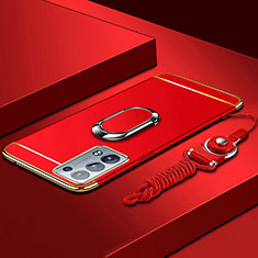 Funda Bumper Lujo Marco de Metal y Plastico Carcasa con Anillo de dedo Soporte para Oppo Reno6 Pro+ Plus 5G Rojo