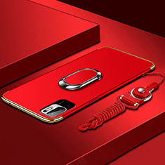 Funda Bumper Lujo Marco de Metal y Plastico Carcasa con Anillo de dedo Soporte para Xiaomi Redmi Note 10T 5G Rojo