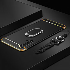 Funda Bumper Lujo Marco de Metal y Plastico Carcasa con Anillo de dedo Soporte T01 para Huawei Nova 5 Negro