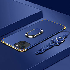 Funda Bumper Lujo Marco de Metal y Plastico Carcasa con Anillo de dedo Soporte y Lanyard para Apple iPhone 13 Azul