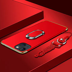 Funda Bumper Lujo Marco de Metal y Plastico Carcasa con Anillo de dedo Soporte y Lanyard para Apple iPhone 13 Mini Rojo