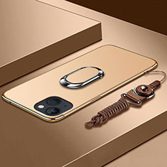 Funda Bumper Lujo Marco de Metal y Plastico Carcasa con Anillo de dedo Soporte y Lanyard para Apple iPhone 14 Plus Oro