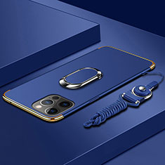 Funda Bumper Lujo Marco de Metal y Plastico Carcasa con Anillo de dedo Soporte y Lanyard para Apple iPhone 14 Pro Azul