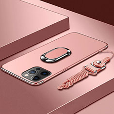 Funda Bumper Lujo Marco de Metal y Plastico Carcasa con Anillo de dedo Soporte y Lanyard para Apple iPhone 14 Pro Max Rojo