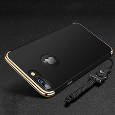 Funda Bumper Lujo Marco de Metal y Plastico Carcasa con Anillo de dedo Soporte y Lanyard para Apple iPhone 7 Plus Negro