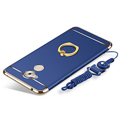 Funda Bumper Lujo Marco de Metal y Plastico Carcasa con Anillo de dedo Soporte y Lanyard para Huawei Enjoy 6S Azul