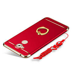 Funda Bumper Lujo Marco de Metal y Plastico Carcasa con Anillo de dedo Soporte y Lanyard para Huawei Enjoy 6S Rojo