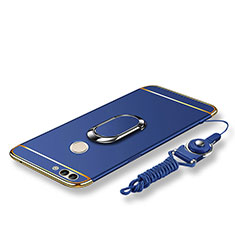 Funda Bumper Lujo Marco de Metal y Plastico Carcasa con Anillo de dedo Soporte y Lanyard para Huawei Enjoy 7S Azul