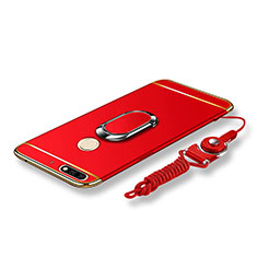 Funda Bumper Lujo Marco de Metal y Plastico Carcasa con Anillo de dedo Soporte y Lanyard para Huawei Enjoy 8 Rojo