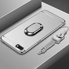 Funda Bumper Lujo Marco de Metal y Plastico Carcasa con Anillo de dedo Soporte y Lanyard para Huawei Enjoy 8e Lite Plata