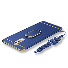 Funda Bumper Lujo Marco de Metal y Plastico Carcasa con Anillo de dedo Soporte y Lanyard para Huawei GR5 (2017) Azul