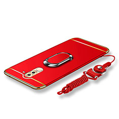 Funda Bumper Lujo Marco de Metal y Plastico Carcasa con Anillo de dedo Soporte y Lanyard para Huawei GR5 (2017) Rojo