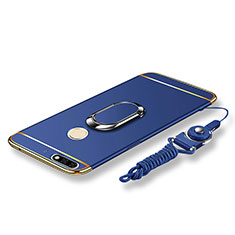 Funda Bumper Lujo Marco de Metal y Plastico Carcasa con Anillo de dedo Soporte y Lanyard para Huawei Honor 7C Azul