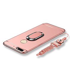 Funda Bumper Lujo Marco de Metal y Plastico Carcasa con Anillo de dedo Soporte y Lanyard para Huawei Honor 7C Oro Rosa