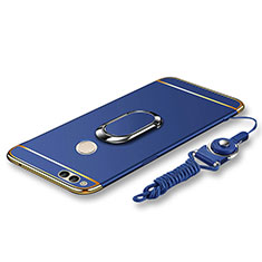 Funda Bumper Lujo Marco de Metal y Plastico Carcasa con Anillo de dedo Soporte y Lanyard para Huawei Honor 7X Azul