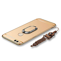 Funda Bumper Lujo Marco de Metal y Plastico Carcasa con Anillo de dedo Soporte y Lanyard para Huawei Honor 7X Oro