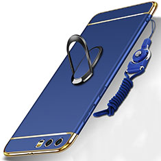 Funda Bumper Lujo Marco de Metal y Plastico Carcasa con Anillo de dedo Soporte y Lanyard para Huawei Honor 9 Azul