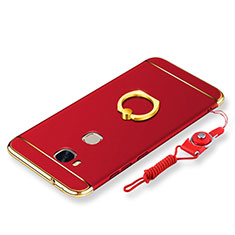 Funda Bumper Lujo Marco de Metal y Plastico Carcasa con Anillo de dedo Soporte y Lanyard para Huawei Honor Play 5X Rojo