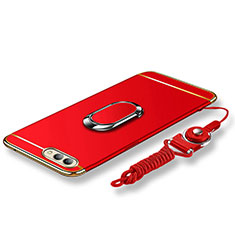 Funda Bumper Lujo Marco de Metal y Plastico Carcasa con Anillo de dedo Soporte y Lanyard para Huawei Honor View 10 Rojo