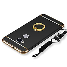 Funda Bumper Lujo Marco de Metal y Plastico Carcasa con Anillo de dedo Soporte y Lanyard para Huawei Honor X5 Negro