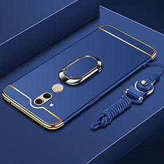 Funda Bumper Lujo Marco de Metal y Plastico Carcasa con Anillo de dedo Soporte y Lanyard para Huawei Mate 20 Lite Azul