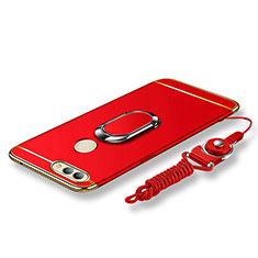 Funda Bumper Lujo Marco de Metal y Plastico Carcasa con Anillo de dedo Soporte y Lanyard para Huawei Nova 2 Plus Rojo