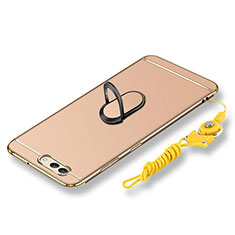 Funda Bumper Lujo Marco de Metal y Plastico Carcasa con Anillo de dedo Soporte y Lanyard para Huawei Nova 2S Oro