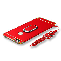 Funda Bumper Lujo Marco de Metal y Plastico Carcasa con Anillo de dedo Soporte y Lanyard para Huawei P Smart Rojo