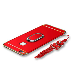 Funda Bumper Lujo Marco de Metal y Plastico Carcasa con Anillo de dedo Soporte y Lanyard para Huawei P9 Lite Rojo