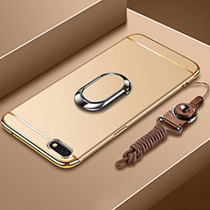 Funda Bumper Lujo Marco de Metal y Plastico Carcasa con Anillo de dedo Soporte y Lanyard para Huawei Y5 Prime (2018) Oro