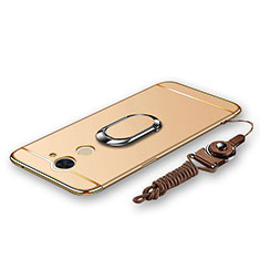 Funda Bumper Lujo Marco de Metal y Plastico Carcasa con Anillo de dedo Soporte y Lanyard para Huawei Y7 Prime Oro