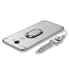 Funda Bumper Lujo Marco de Metal y Plastico Carcasa con Anillo de dedo Soporte y Lanyard para Huawei Y7 Prime Plata