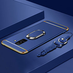 Funda Bumper Lujo Marco de Metal y Plastico Carcasa con Anillo de dedo Soporte y Lanyard para Samsung Galaxy A6 Plus (2018) Azul