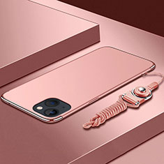 Funda Bumper Lujo Marco de Metal y Plastico Carcasa con Lanyard para Apple iPhone 13 Oro Rosa