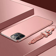 Funda Bumper Lujo Marco de Metal y Plastico Carcasa con Lanyard para Apple iPhone 13 Pro Max Oro Rosa